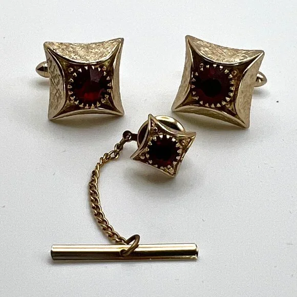 SWANK Men's Red Cut Glass Cuff Links & Tie Tack Set - Picture 6 of 6